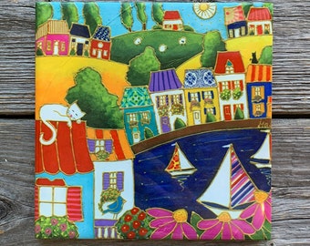 Trivet Ceramic tile colourful house sailboat square trivet art print ceramic