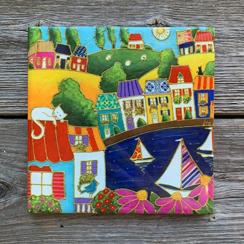Ceramic Tile Trivet Colourful House Sailboat Square Trivet Art Etsy