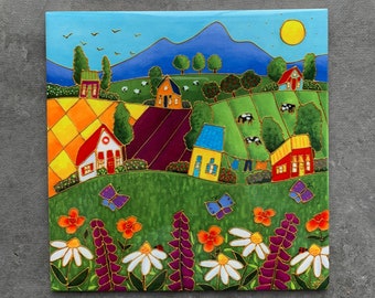 Coaster landscape house colorful purple flower daisy cow sheep apple tree ceramic tile