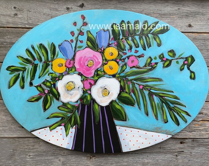 Original acrylic painting oval canvas flowers vase white yellow and pink flowers blue background home decor