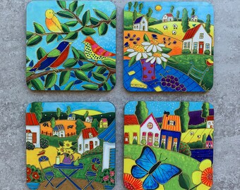 Set of Coasters wood cork landscape colourful house bird blue butterfly flower
