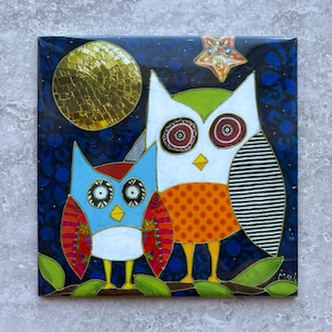 Ceramic tile square trivet colorful Owl moon art print backsplash tile