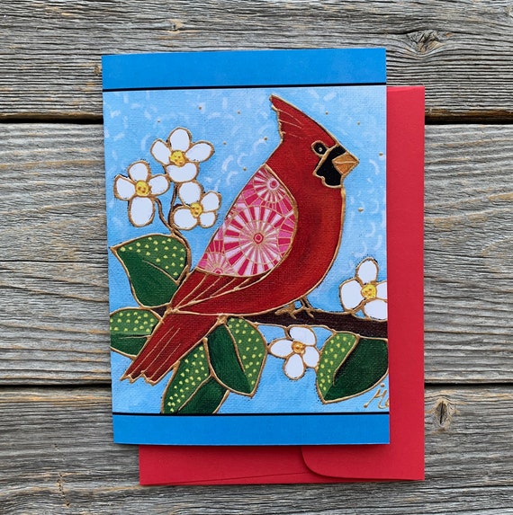 Greeting card birthday bird red cardinal bird gift card wishing card