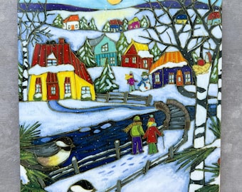 Ceramic tile trivet winter scene colourful houses birds