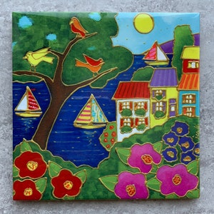 Trivet ceramic tile colourful house sea sailboat bird flower square trivet art print ceramic