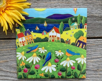 Ceramic tile square trivet landscape colourful houses blue bird daisy art print ceramic