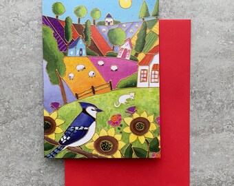 Greeting card  landscape colourful houses blue jay sunflower gift card