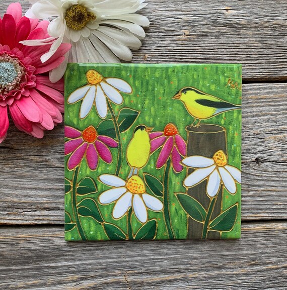 Ceramic tile square trivet goldfinch bird daisy art print ceramic