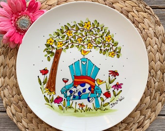 Round porcelain plate cat Adirondack chair bird flower hand paint