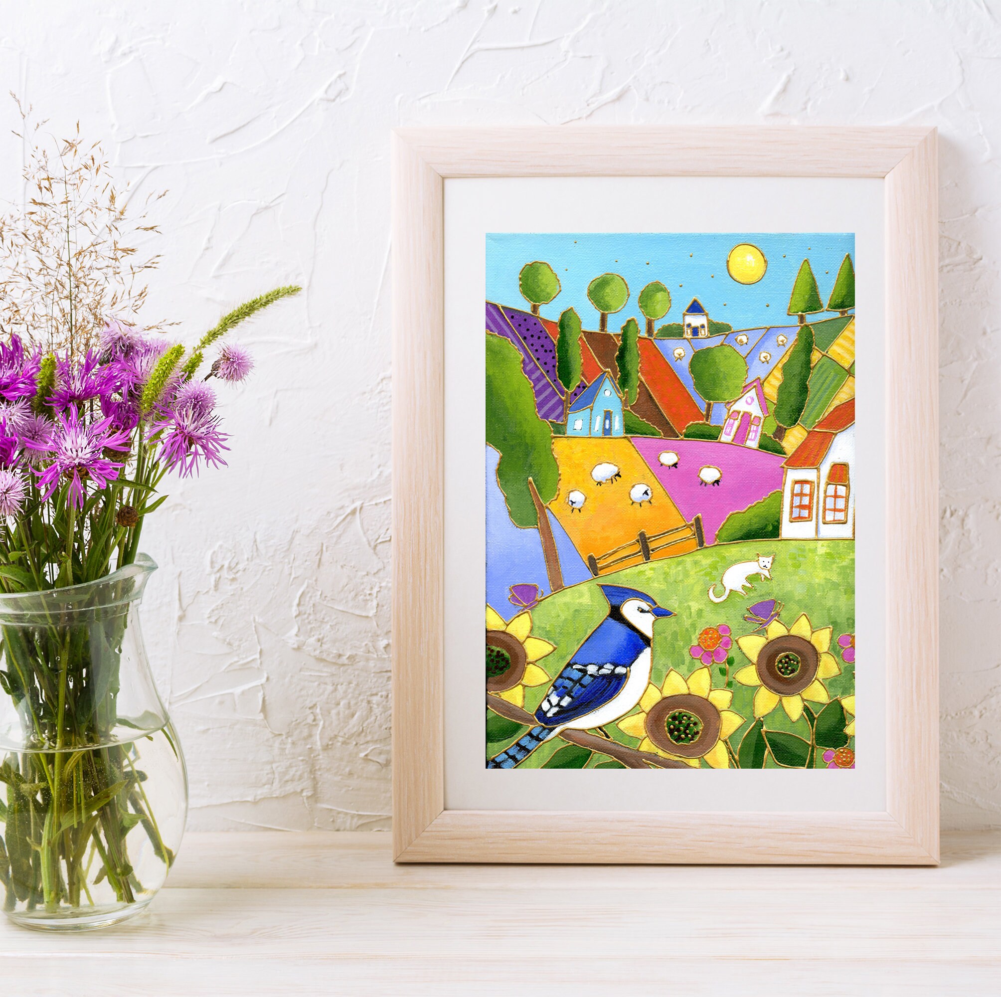 Greeting card landscape colourful houses blue jay sunflower gift card