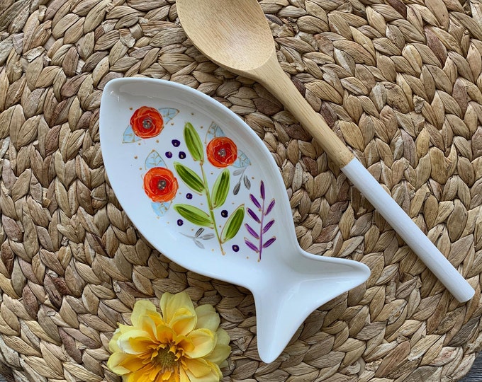 spoon holder fish shape  orange flower small tray hand paint