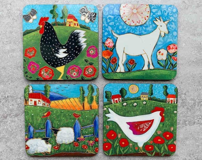 Featured listing image: Set of Coasters wood cork goat hen rooster sheep