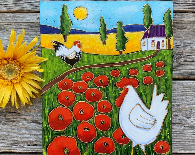Featured listing image: Original acrylic painting on wood panel hen and red poppy