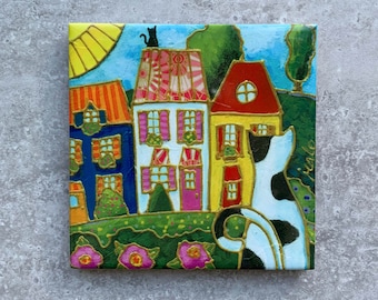 Ceramic tile square trivet cat colourful houses art print ceramic