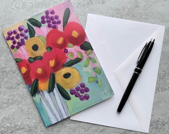 Greeting card flower vase yellow red  purple flower gift card