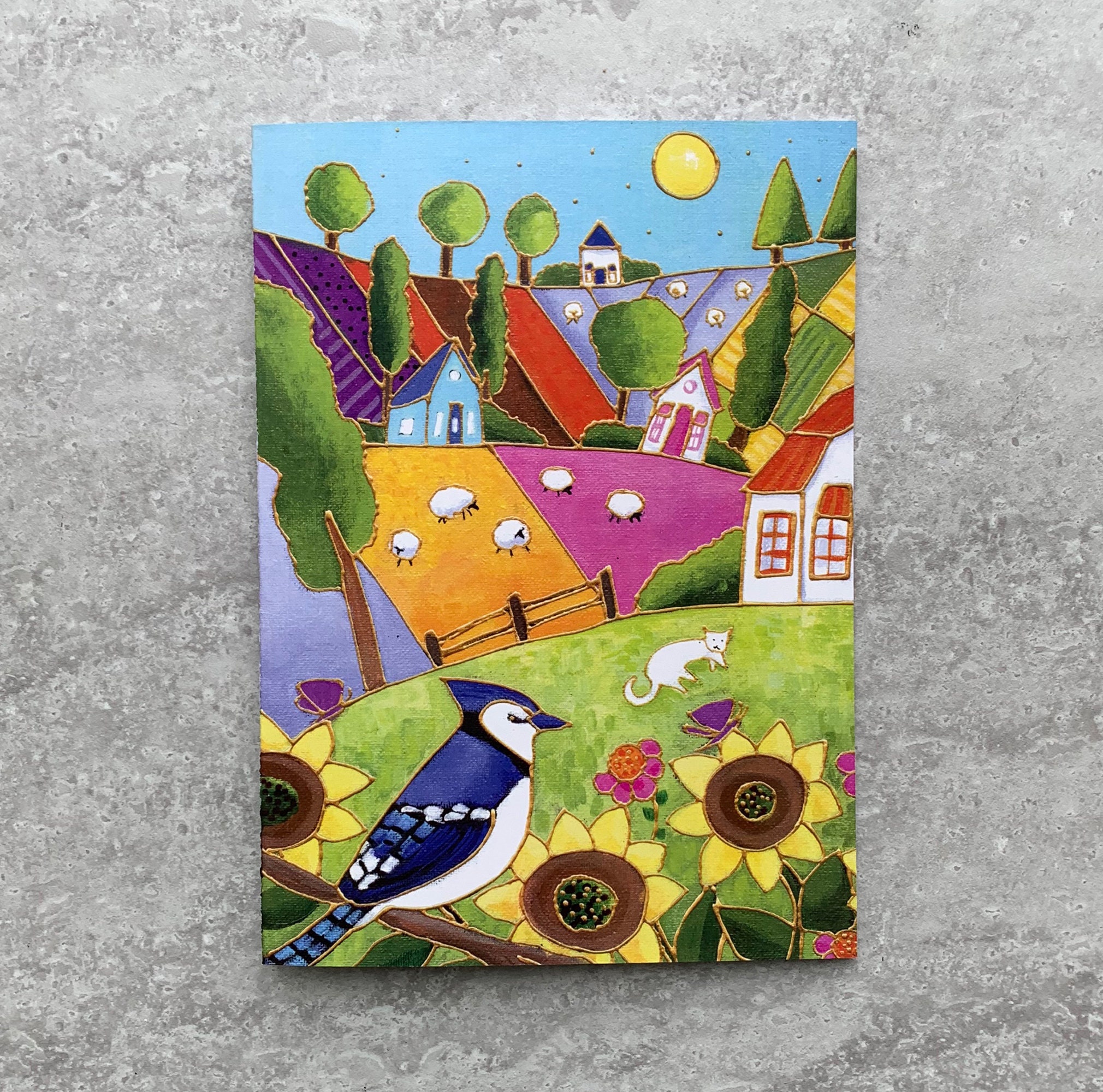 Greeting card landscape colourful houses blue jay sunflower gift card