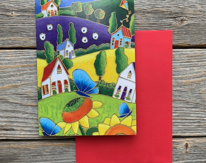 Greeting card gift card landscape colourful house sunflower blue butterfly
