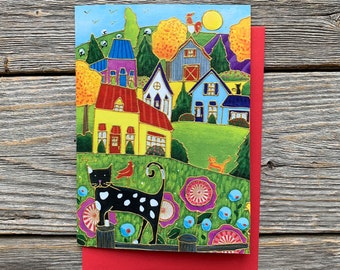 Greeting card gift card cat landscape colourful house flower