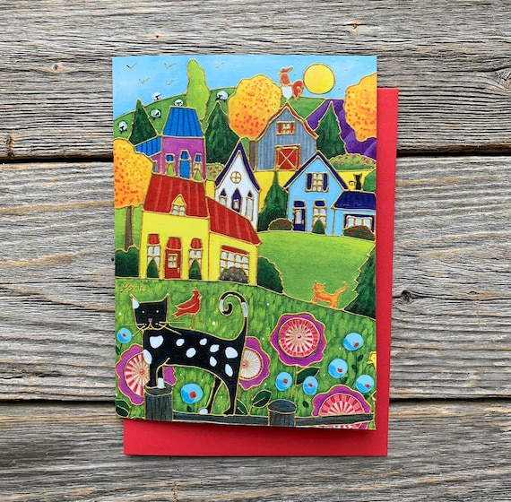 Greeting card gift card cat landscape colourful house flower