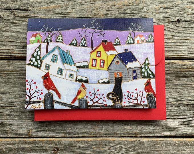 Greeting card  winter scene bird cat
