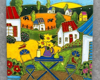 Ceramic tile trivet landscape houses table sunflower art print backsplash tile