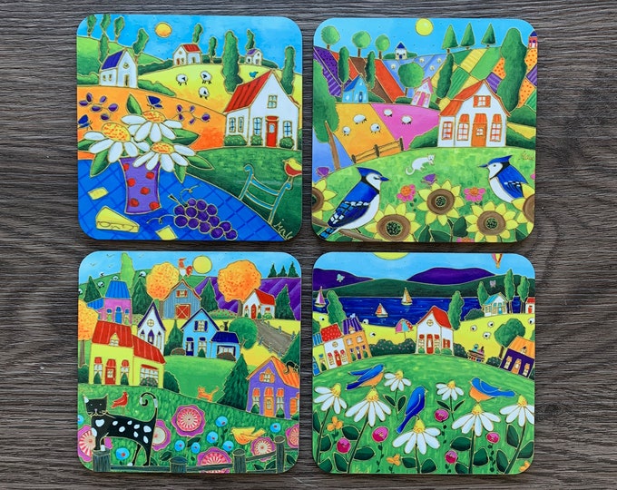 Featured listing image: Set of Coasters wood cork country landscape colourful house blue jay sunflower daisy cat