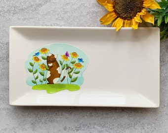 Rectangular porcelain cat sunflower plate