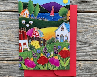 Greeting card colourful house red and pink flower lake and sailboat cat bee ladybug