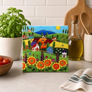 Trivet Ceramic tile square landscape sunflowers art print ceramic backsplash tile