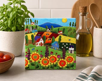 Trivet Ceramic tile square landscape sunflowers art print ceramic backsplash tile