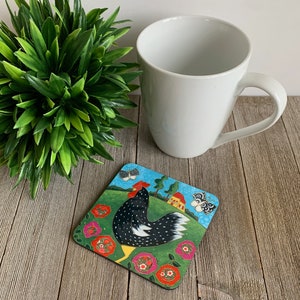 Set of Coasters wood cork landscape colourful house blue bird sunflower colourful flower daisy image 7