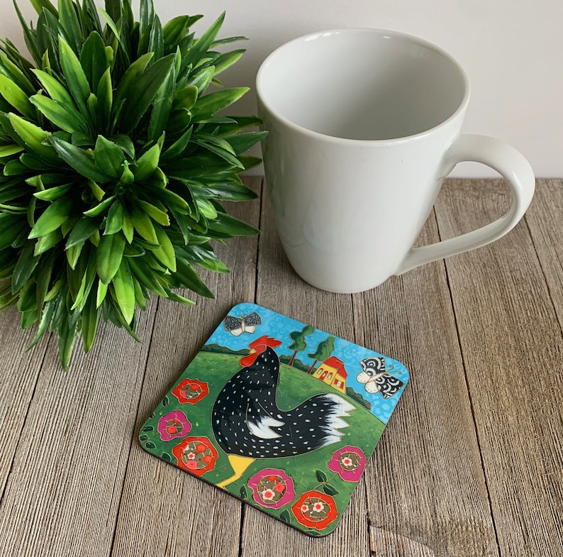 Set of Coasters wood cork landscape colourful house blue bird sunflower colourful flower daisy image 7