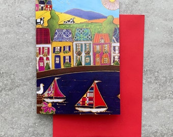 Greeting card colourful house sailboat gift card wishing card