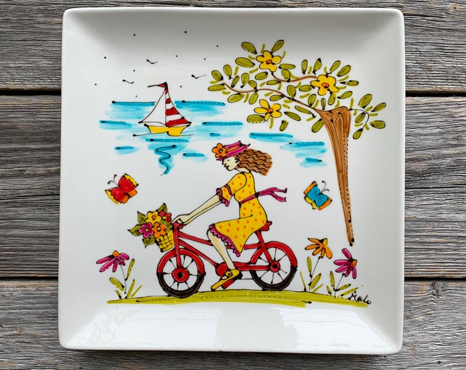Square porcelain plate woman yellow dress red bicycle flower sailboat hand painted