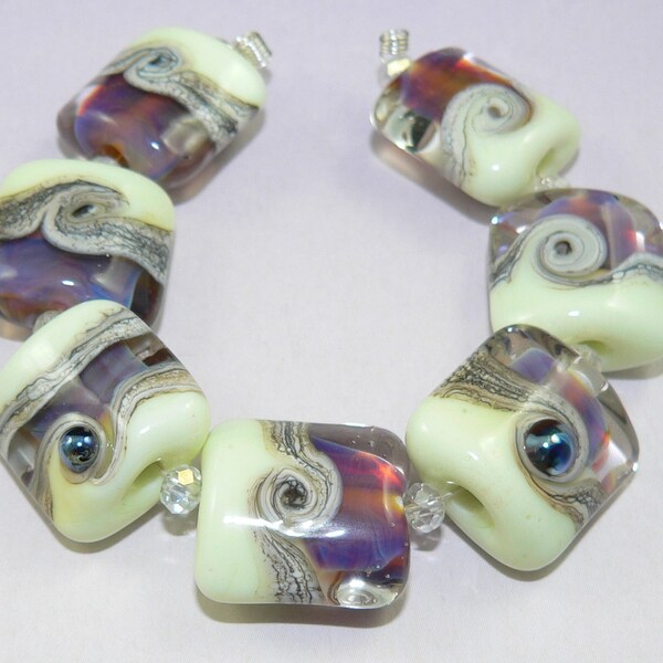 Handmade Lampwork Glass beads set of 7 Square beads in Blue and Ivory OOAK