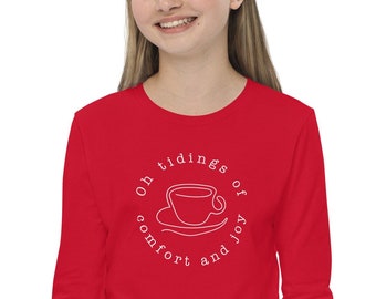 Tidings of Comfort and Joy, Minimalist One Line Tea Cup, Christmas Hymn, Youth long sleeve tee gift, Pair listings for Family shirt set