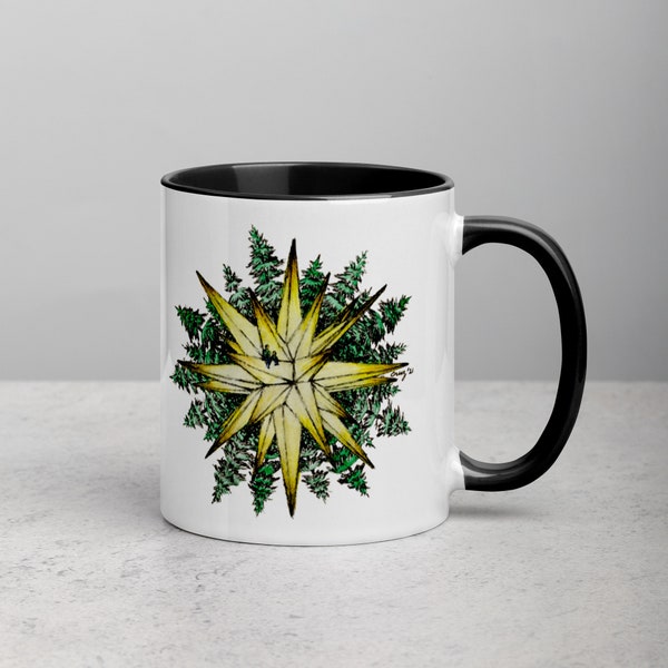 Hark! The Herald Angels Sing Hymn Song Lyrics Poem on Coffee Mug: Colored Inside & Handle, Moravian Star, Christmas Trees, Parent and Child
