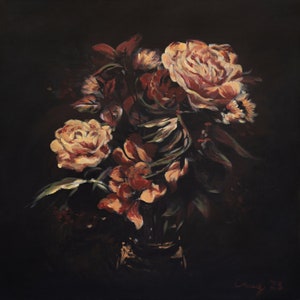 May include: A painting of a bouquet of flowers in a dark vase. The flowers are mostly shades of red and pink, with some green leaves. The background is black.