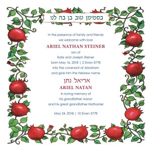 Brit Milah Certificate with Pomegranate Border | Archival Print from Original Art
