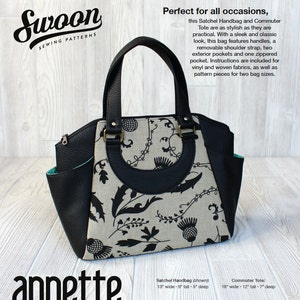 Può includere: Una borsa a mano con stampa floreale bianco e nero, dettagli in pelle nera e una tracolla rimovibile. La borsa a mano è larga 33 cm, alta 23 cm e profonda 13 cm. Il testo "Swoon Sewing Patterns" e "annette HANDBAG & TOTE" è visibile nell'immagine.