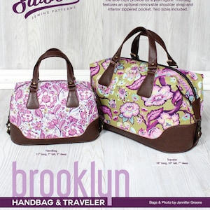 Könnte beinhalten: Ein Schnittmuster für eine Handtasche und eine Reisetasche. Das Schnittmuster heißt "brooklyn" und stammt von Swoon Sewing Patterns. Das Bild zeigt zwei Taschen, eine kleinere und eine größere, beide mit Blumenstoff und braunen Lederakzenten. Die kleinere Tasche ist 11 Zoll lang, 7 Zoll hoch und 5 Zoll tief. Die größere Tasche ist 16 Zoll lang, 10 Zoll hoch und 7 Zoll tief. Der Text auf dem Bild lautet: "Beim Drucken nicht "An druckbare Fläche anpassen" auswählen oder vergrößern/verkleinern. Immer in "Originalgröße" oder 100% drucken."