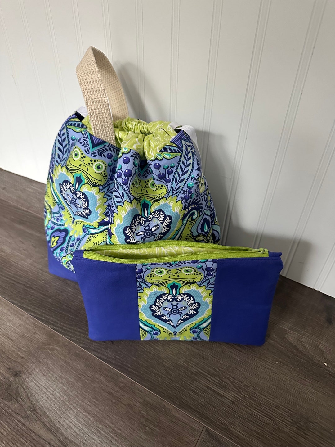 Large Drawstring Knitting Bag Crochet Bag and Zippered Pouch SET Tula