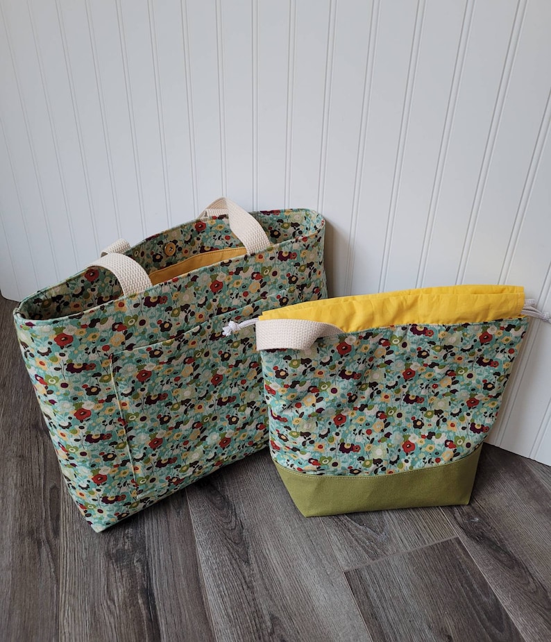 slip pockets floral print Set of 2 adorable matching bags Large Canvas ToteShoulder Bag PLUS Large Project Drawstring Bag