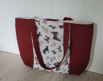 Large Padded Tote - Maroon with dog print
