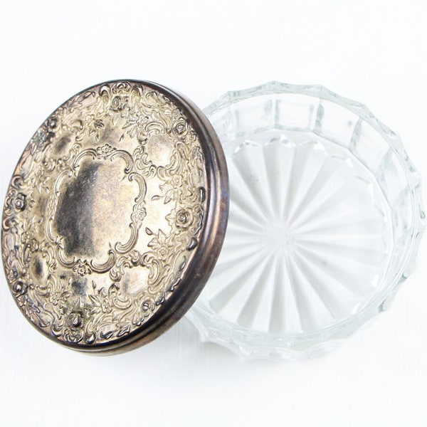 Vintage clear cut glass round trinket box with silver plated ornate lid / small lidded romantic container wedding decor