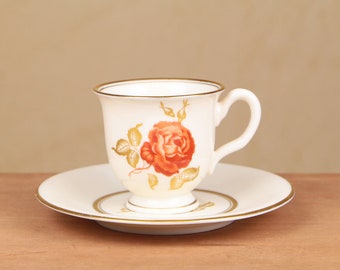 Vintage petite coffee cup and saucer with burnt red rose and gold trim / high tea time