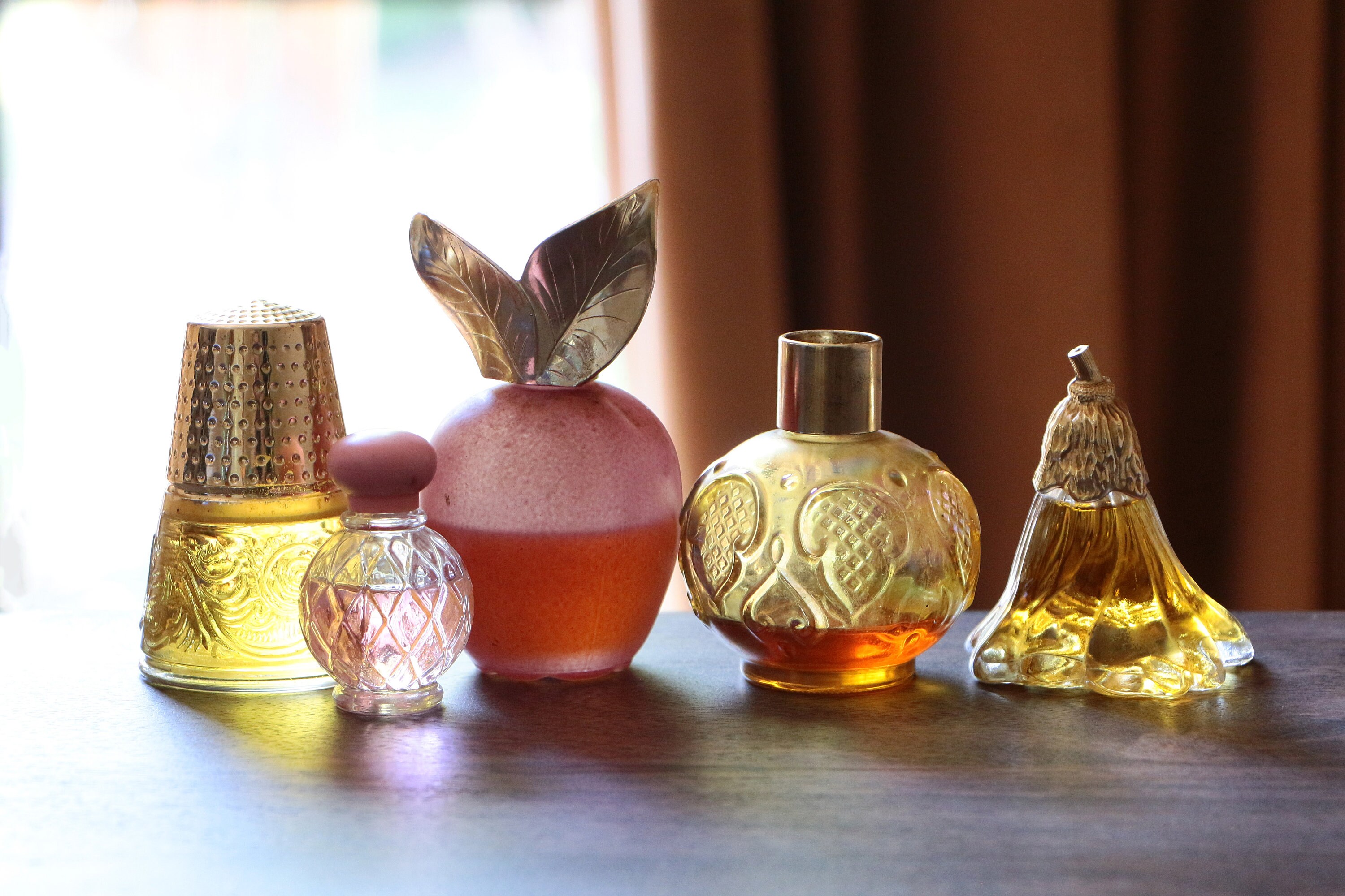 Vintage Set of Five Avon Perfume Bottles Clear and Colored Glass