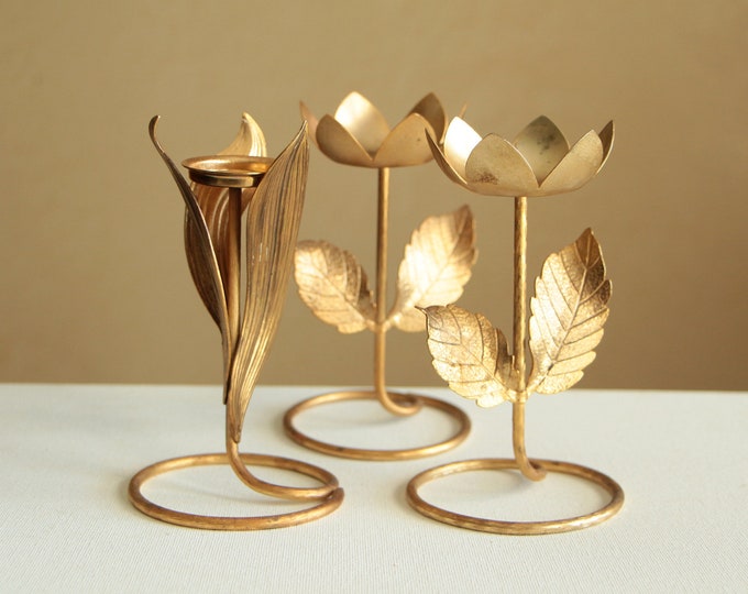 Vintage Set of Three Metal Flower Candlesticks / Candle Holders Wedding ...