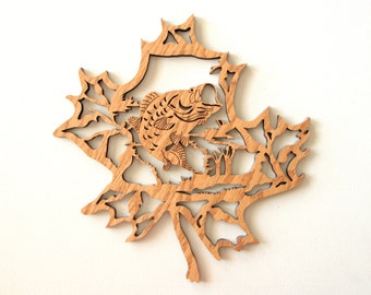 Wood laser cut wall decor - bass fish in a maple leaf sign