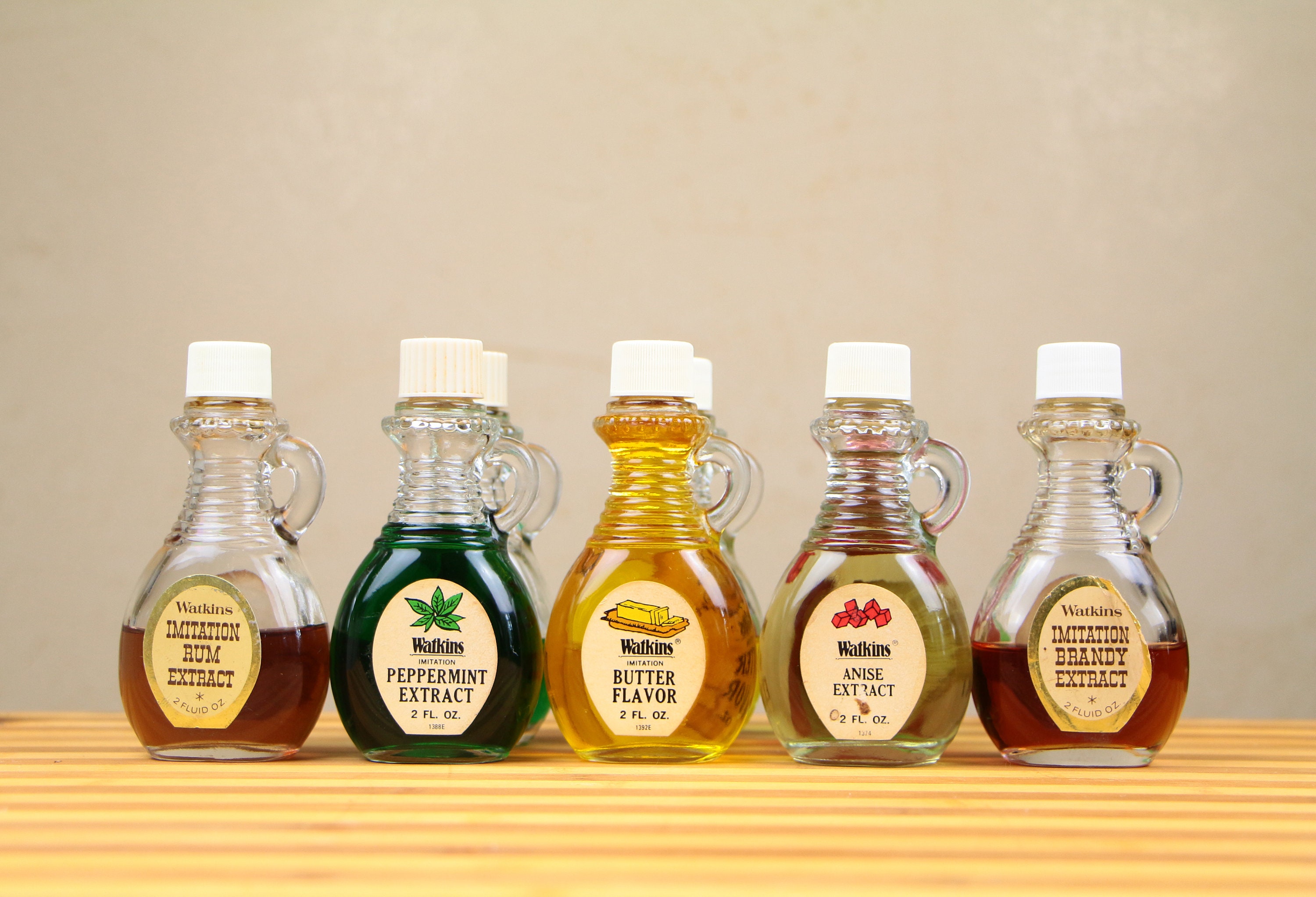 Vintage Watkins Imitation Extracts for cooking or baking: Anice, Rum, Brandy, Peppermint, Butter / retro glass spice bottles